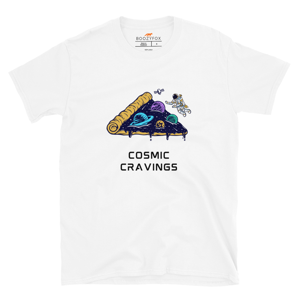 White Cosmic Cravings T-Shirt featuring an Astronaut Exploring a Pizza Universe graphic on the chest - Funny Graphic Space T-Shirts - Boozy Fox