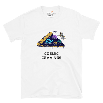 White Cosmic Cravings T-Shirt featuring an Astronaut Exploring a Pizza Universe graphic on the chest - Funny Graphic Space T-Shirts - Boozy Fox