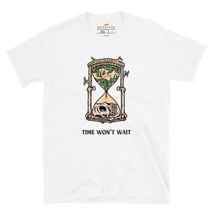 White Hourglass T-Shirt featuring a captivating Time Won't Wait graphic on the chest - Cool Graphic Hourglass T-Shirts - Boozy Fox