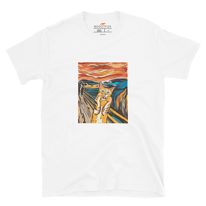 White Screaming Cat T-Shirt showcasing iconic The Screaming Cat graphic on the chest - Funny Graphic Cat T-Shirts - Boozy Fox