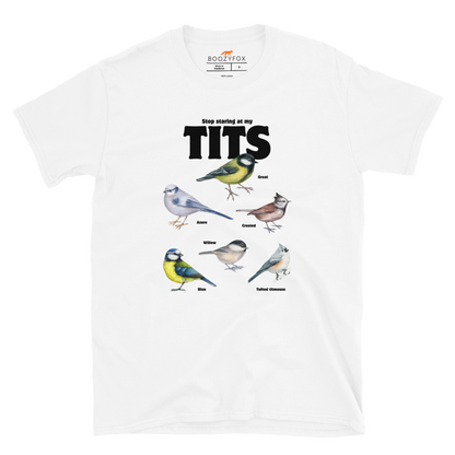 White Tit T-Shirt featuring a funny Stop Staring At My Tits graphic on the chest - Funny Graphic Tit Bird T-Shirts - Boozy Fox