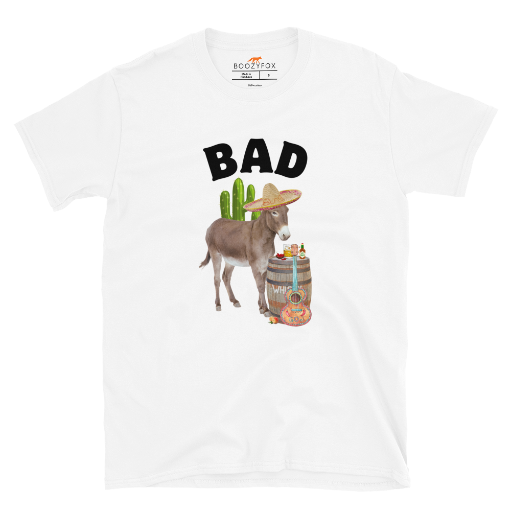 White Donkey T-Shirt Featuring a Funny Bad Ass Donkey graphic on the chest - Funny Graphic Bad Ass Donkey T-Shirts - Boozy Fox