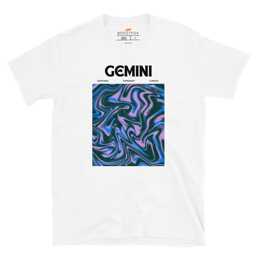 White Gemini T-Shirt featuring an Abstract Gemini Star Sign graphic on the chest - Cool Graphic Zodiac T-Shirts - Boozy Fox