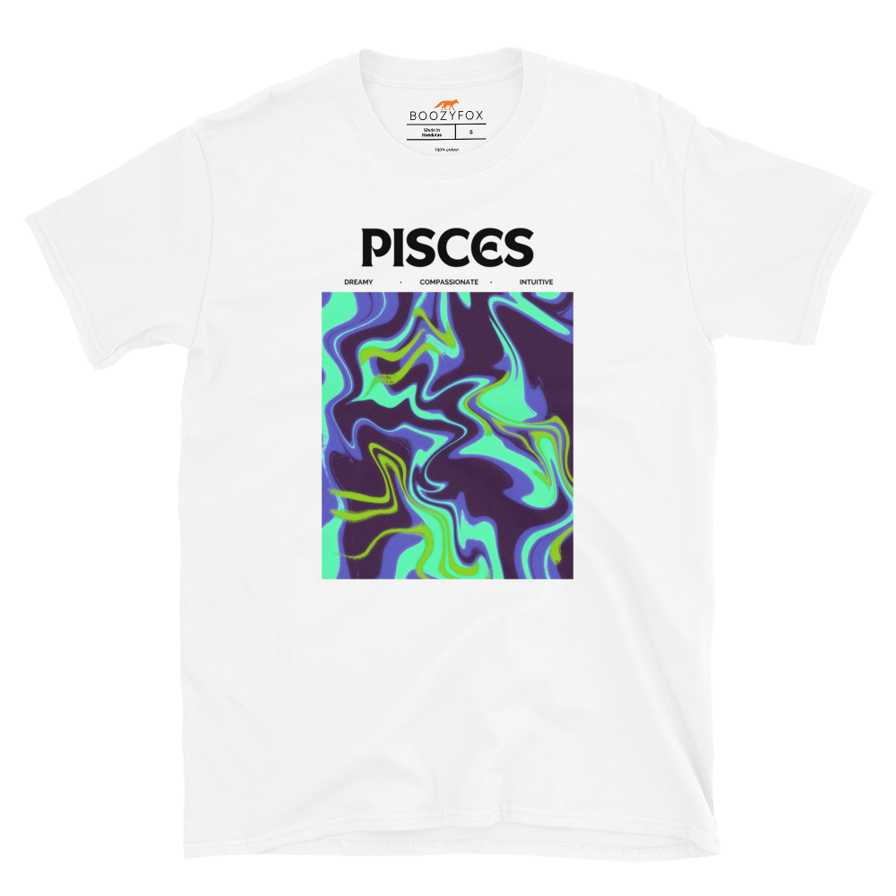 White Pisces T-Shirt featuring an Abstract Pisces Star Sign graphic on the chest - Cool Graphic Zodiac T-Shirts - Boozy Fox