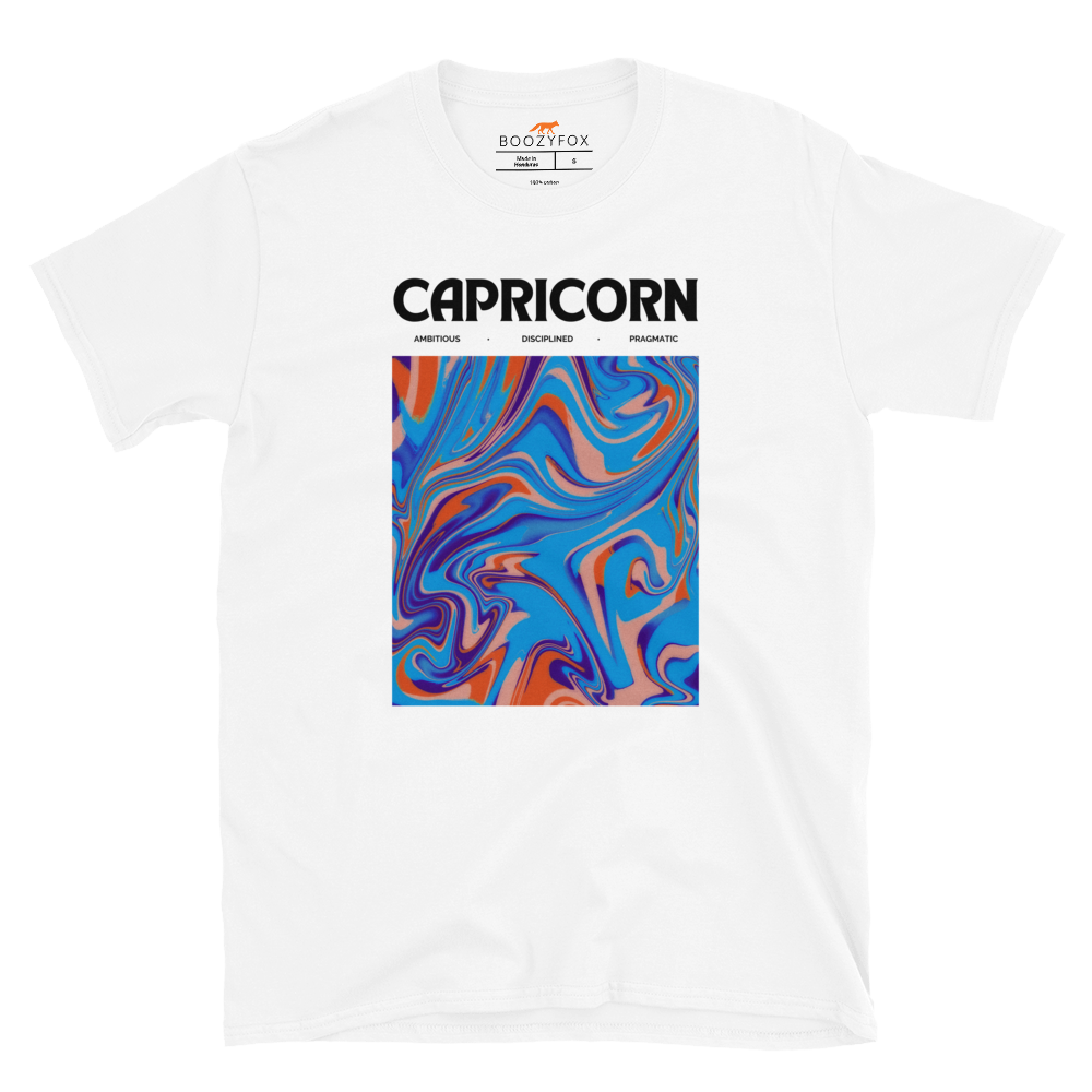 White Capricorn T-Shirt featuring an Abstract Capricorn Star Sign graphic on the chest - Cool Graphic Zodiac T-Shirts - Boozy Fox