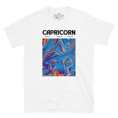 White Capricorn T-Shirt featuring an Abstract Capricorn Star Sign graphic on the chest - Cool Graphic Zodiac T-Shirts - Boozy Fox
