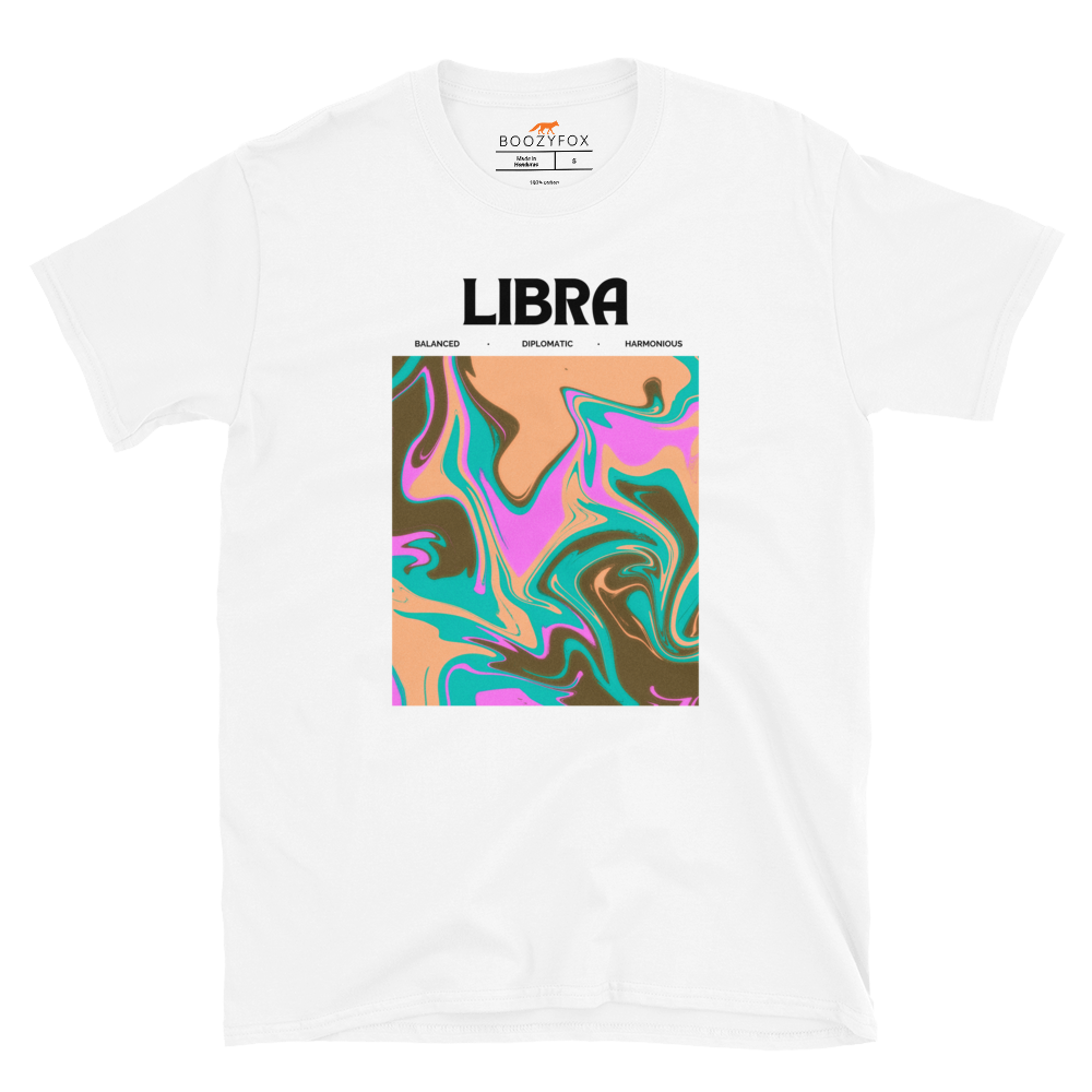 White Libra T-Shirt featuring an Abstract Libra Star Sign graphic on the chest - Cool Graphic Zodiac T-Shirts - Boozy Fox
