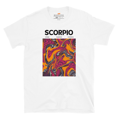 White Scorpio T-Shirt featuring an Abstract Scorpio Star Sign graphic on the chest - Cool Graphic Zodiac T-Shirts - Boozy Fox