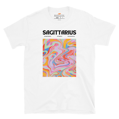 White Sagittarius T-Shirt featuring an Abstract Sagittarius Star Sign graphic on the chest - Cool Graphic Zodiac T-Shirts - Boozy Fox