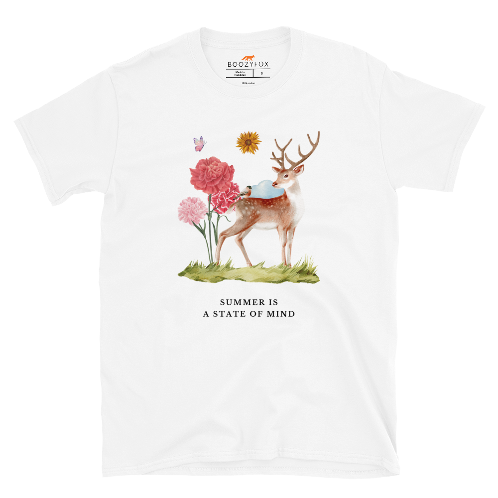 White Summer Is a State of Mind T-Shirt Featuring a Summer Is a State of Mind graphic on the chest - Cute Graphic Summer T-Shirts - Boozy Fox