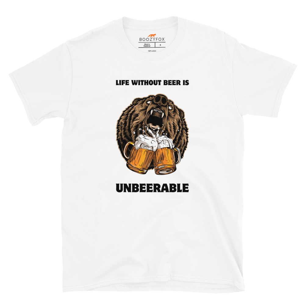 White Bear T-Shirt featuring a Life Without Beer Is Unbeerable graphic on the chest - Funny Graphic Bear T-Shirts - Boozy Fox