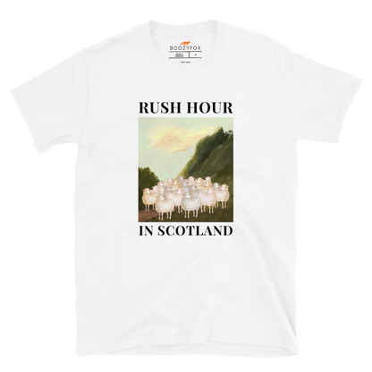 White Sheep T-Shirt featuring a comical Rush Hour In Scotland graphic on the chest - Artsy/Funny Graphic Sheep T-Shirts - Boozy Fox