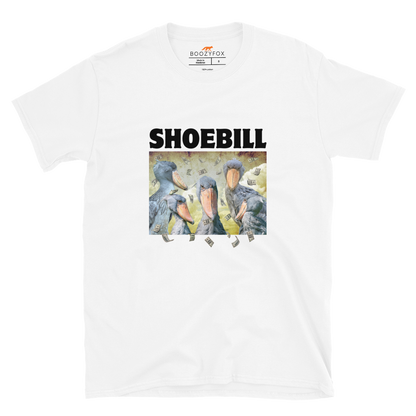 White Shoebill T-Shirt featuring a cool Shoebill graphic on the chest - Artsy/Funny Graphic Shoebill Stork T-Shirts - Boozy Fox