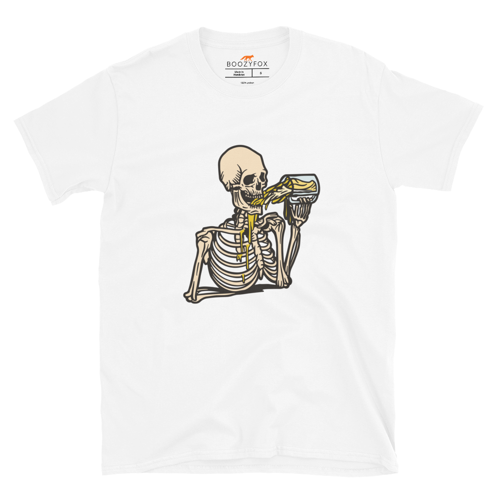 Skeleton Drinking Beer T-Shirt Online - White - Boozy Fox