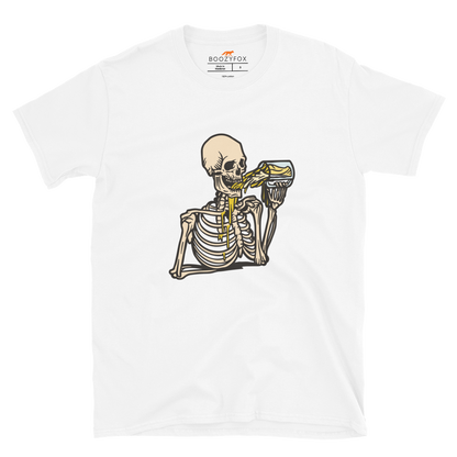 Skeleton Drinking Beer T-Shirt Online - White - Boozy Fox