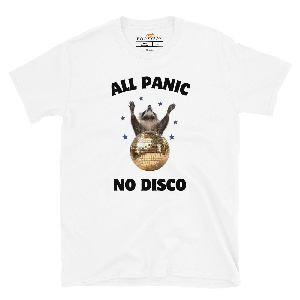 Funny All Panic No Disco Raccoon graphic t-shirt in white by Boozy Fox