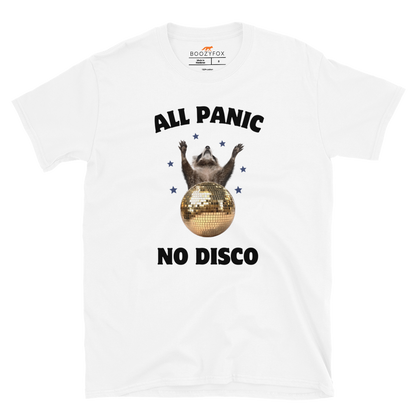 Funny All Panic No Disco Raccoon graphic t-shirt in white by Boozy Fox