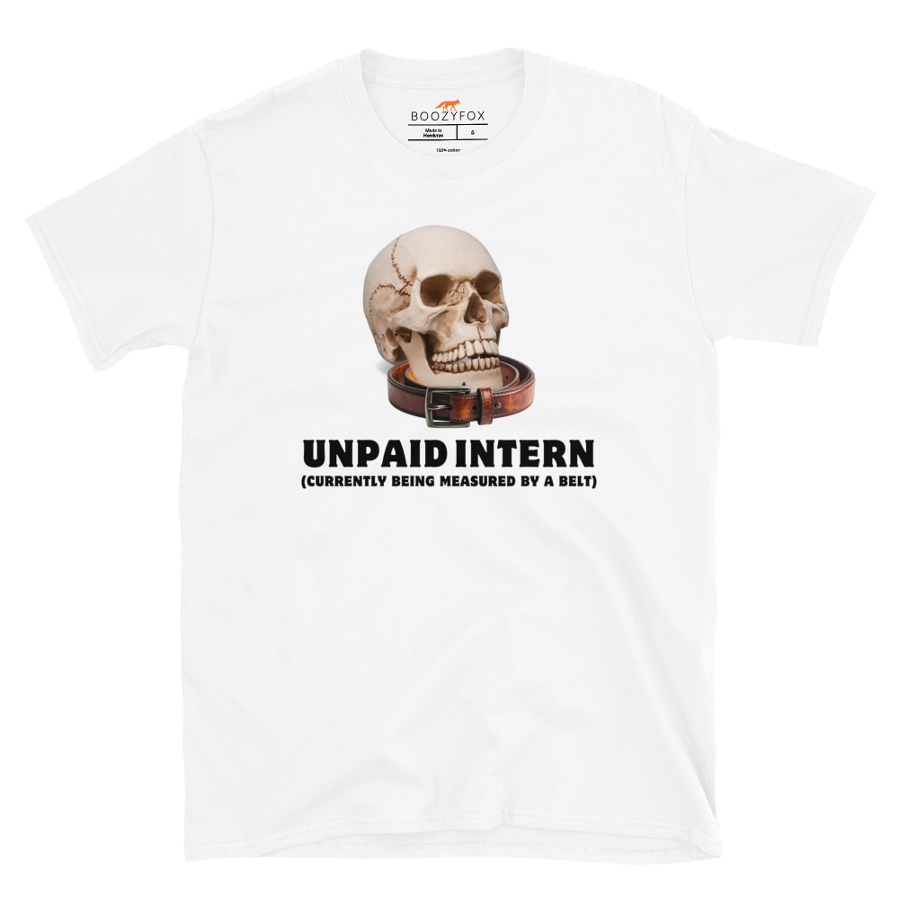 Funny Unpaid Intern Skull graphic t-shirt in white by Boozy Fox