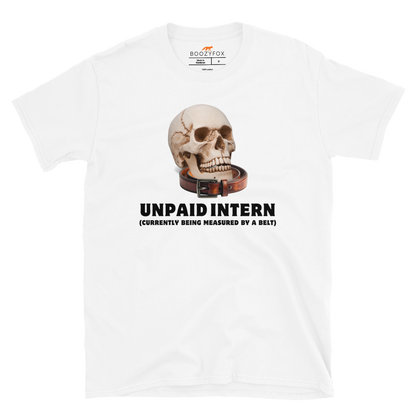Funny Unpaid Intern Skull graphic t-shirt in white by Boozy Fox