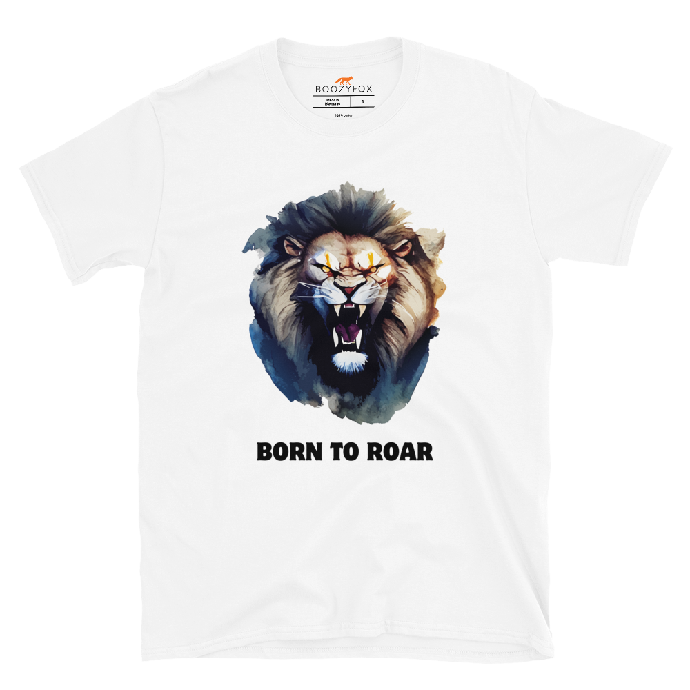 Funny Born to Roar Lion graphic t-shirt in white by Boozy Fox