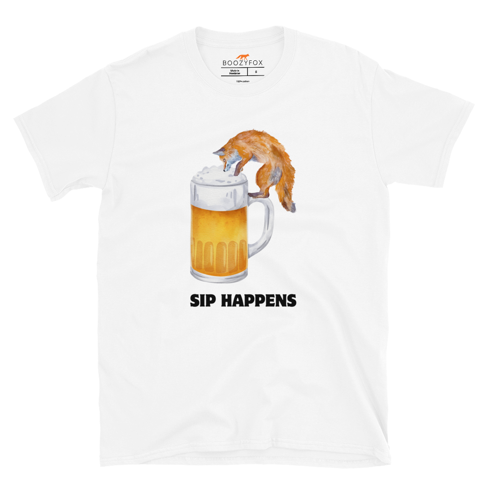 Funny Sip Happens Fox beer graphic t-shirt in white by Boozy Fox