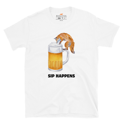 Funny Sip Happens Fox beer graphic t-shirt in white by Boozy Fox
