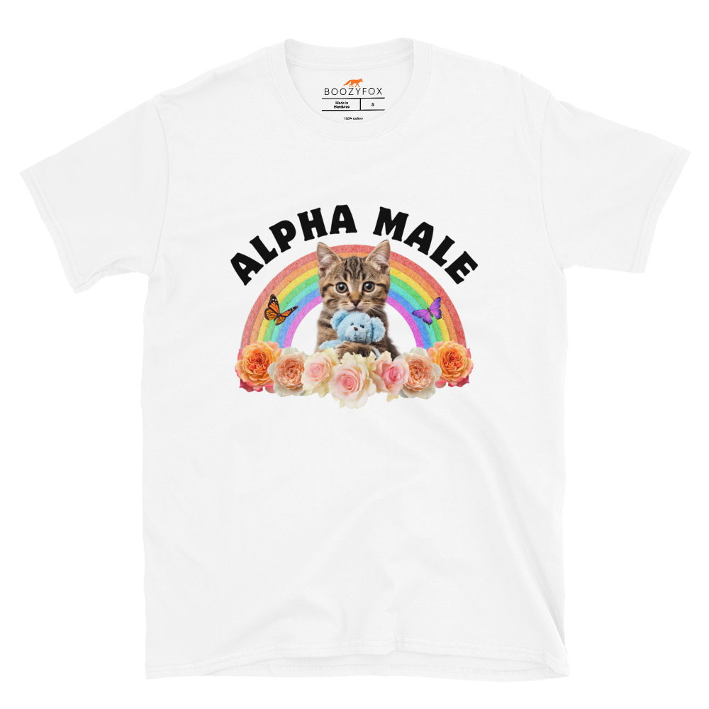 Funny Alpha Male Cat rainbow roses graphic t-shirt in white by Boozy Fox