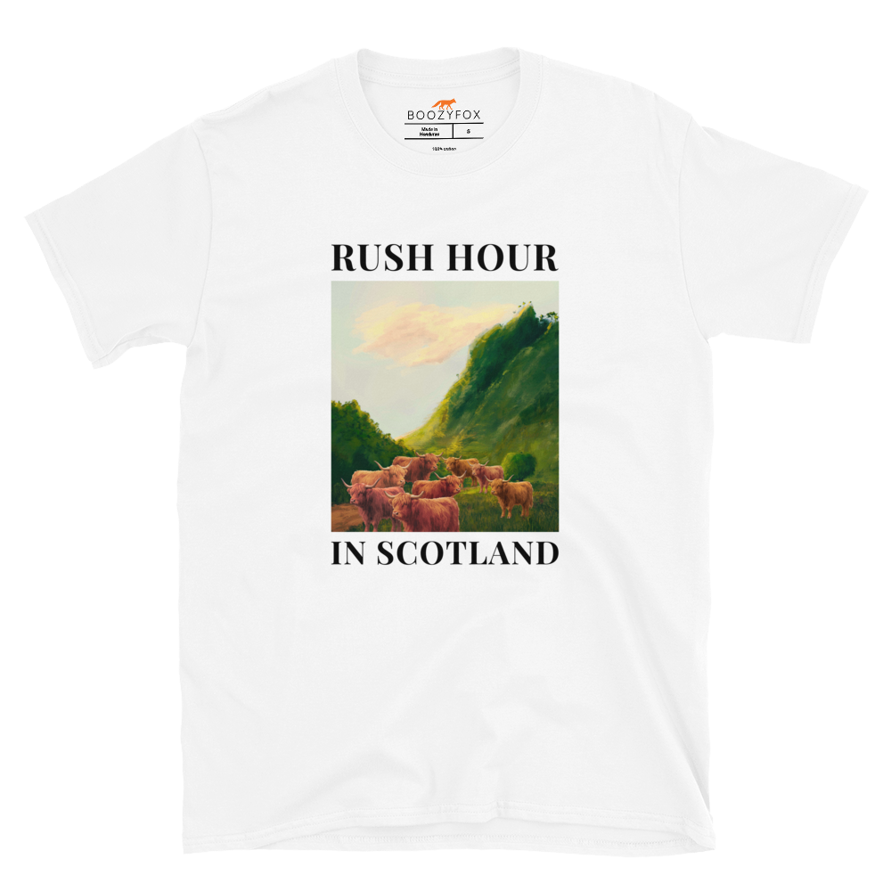Funny Highland Cow Rush Hour in Scotland graphic t-shirt in white by Boozy Fox