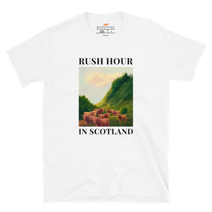 Funny Highland Cow Rush Hour in Scotland graphic t-shirt in white by Boozy Fox