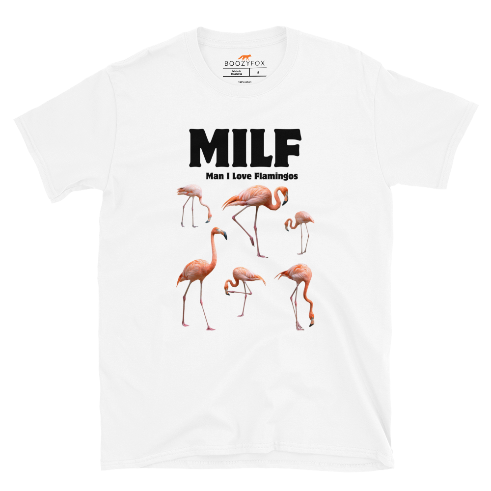 Funny Man I Love Flamingos graphic t-shirt in white by Boozy Fox