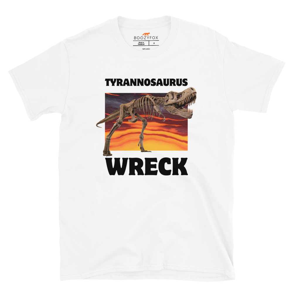 Funny Tyrannosaurus Wreck T-Rex Dinosaur graphic t-shirt in white by Boozy Fox