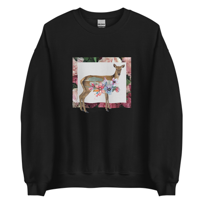 Black Floral Deer Sweatshirt featuring a beautifully detailed vibrant Floral Deer graphic on the chest - Cute Graphic Deer Sweatshirts - Boozy Fox