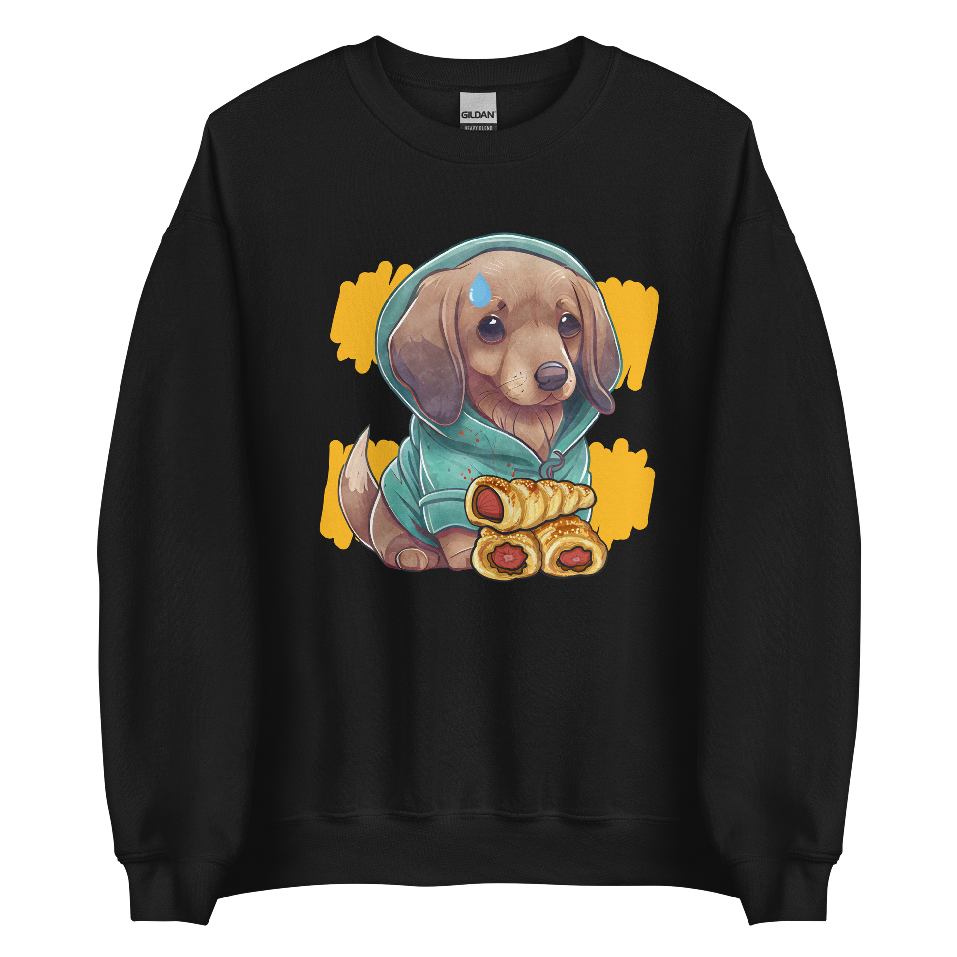 Black Sausage Dog Sweatshirt featuring an adorable Sausage Roll Dachshund graphic on the chest - Funny Graphic Sausage Dog Sweatshirts - Boozy Fox