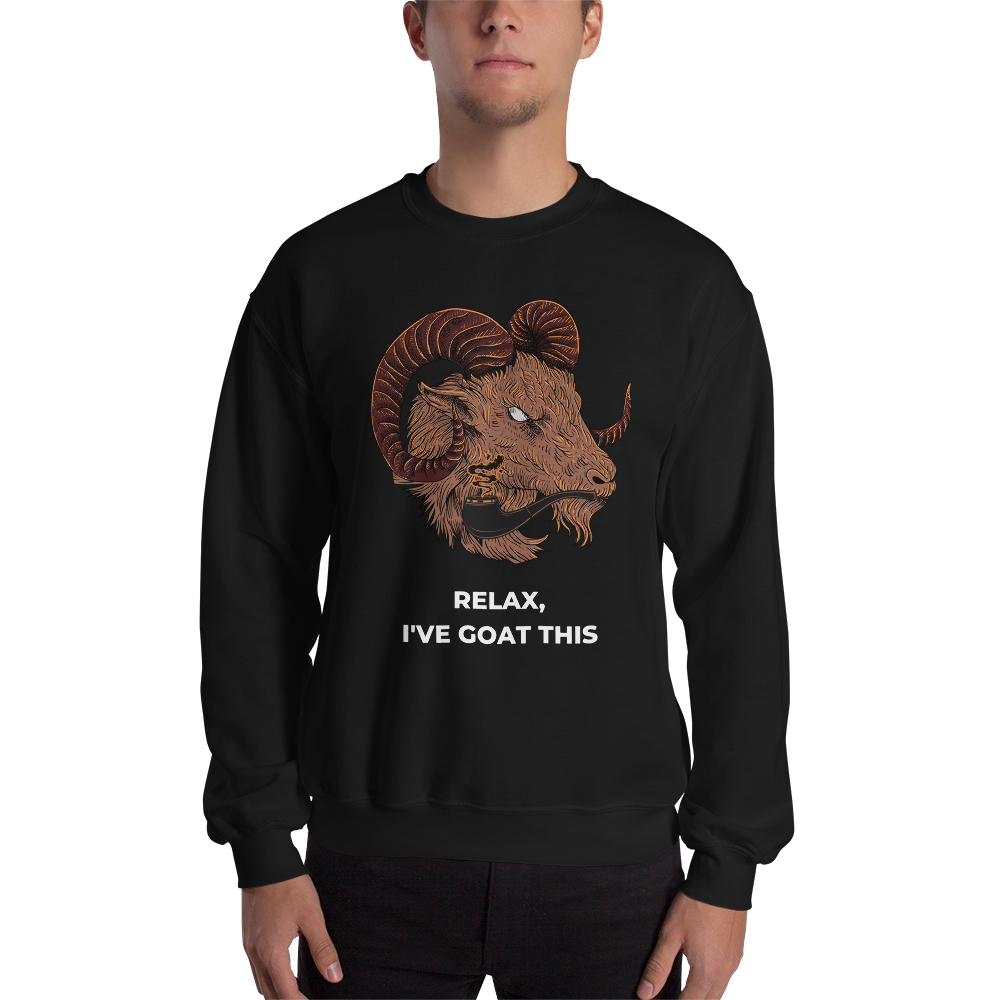 Man wearing a Black Goat Sweatshirt featuring a fierce Relax I've Goat This graphic on the chest - Funny Graphic Goat Sweatshirts - Boozy Fox