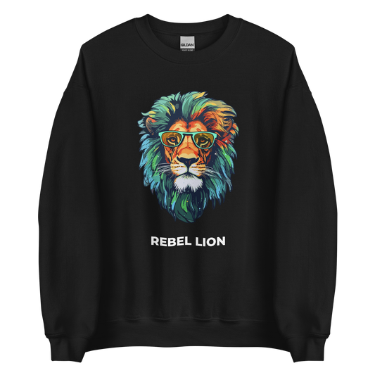 Black Lion Sweatshirt featuring a captivating Rebel Lion graphic on the chest - Funny Graphic Lion Sweatshirts - Boozy Fox