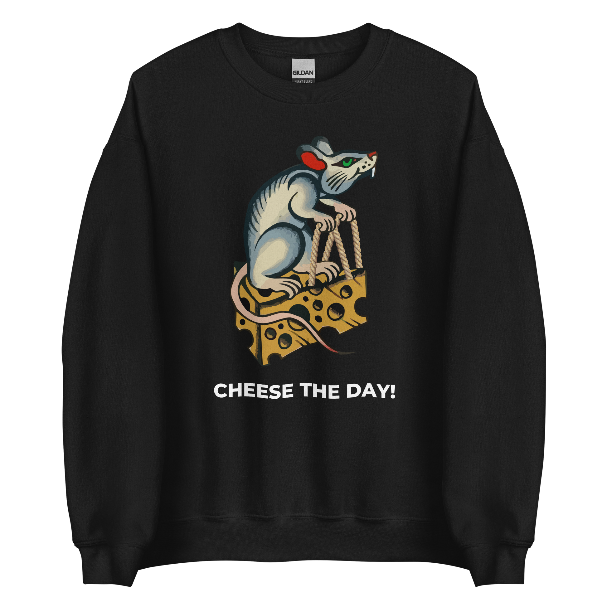 Black Rat Sweatshirt featuring a hilarious Cheese The Day graphic on the chest - Funny Graphic Rat Sweatshirts - Boozy Fox