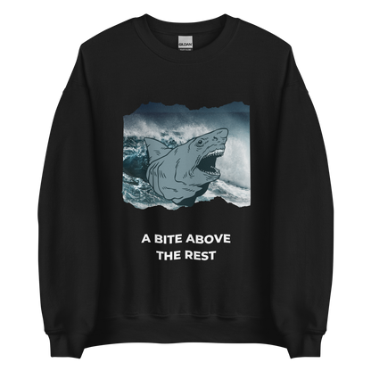 Black Megalodon Sweatshirt featuring the 'A Bite Above the Rest' graphic on the chest - Funny Graphic Megalodon Sweatshirts - Boozy Fox