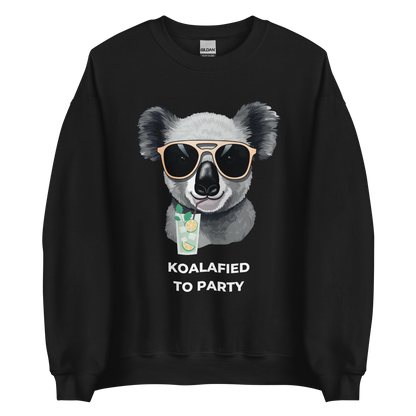 Black Koala Sweatshirt featuring an adorable Koalafied To Party graphic on the chest - Funny Graphic Koala Sweatshirts - Boozy Fox