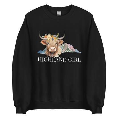 Black Highland Cow Sweatshirt featuring an adorable Highland Girl graphic on the chest - Cute Graphic Highland Cow Sweatshirts - Boozy Fox