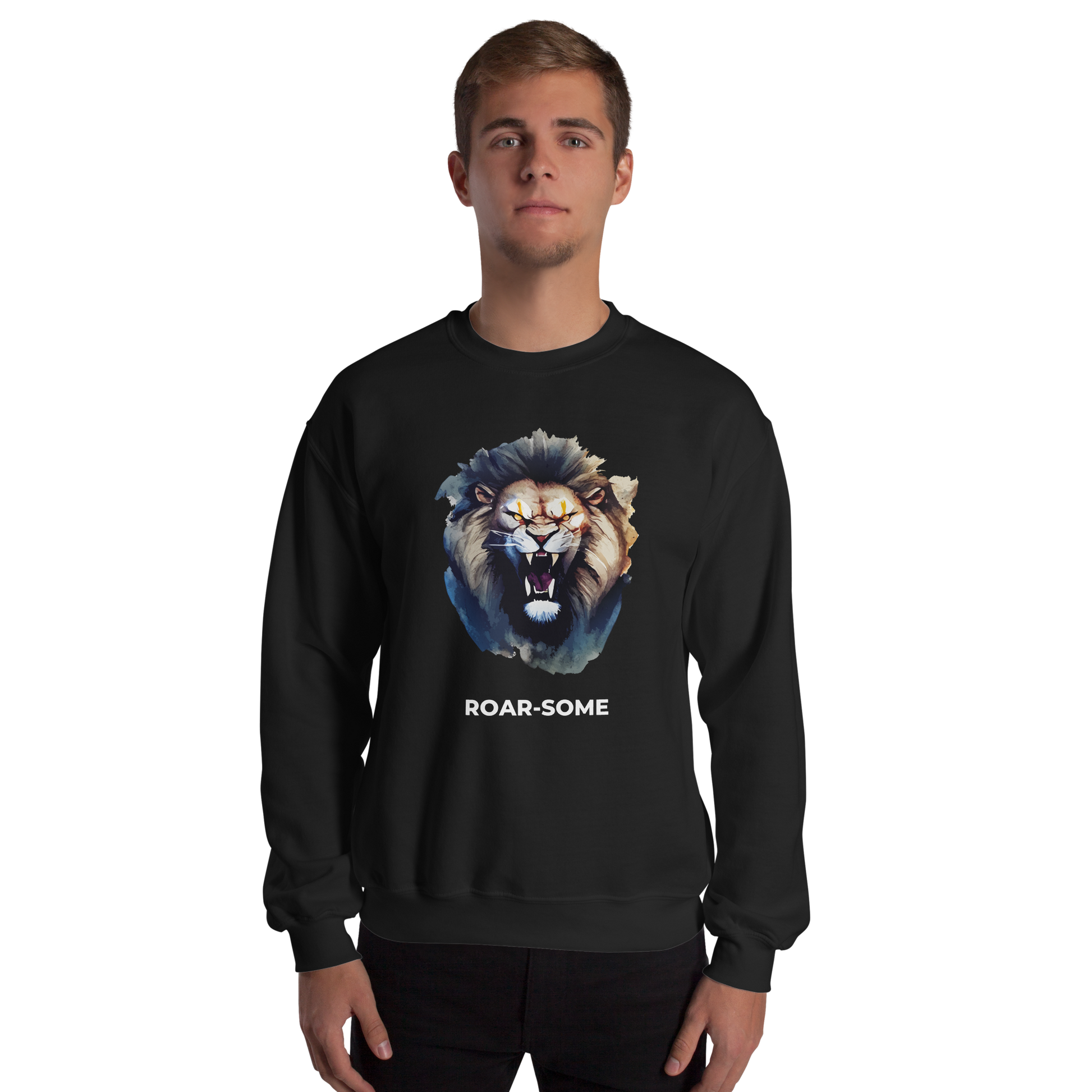 Man wearing a Black Lion Sweatshirt featuring a Roar-Some graphic on the chest - Cool Graphic Lion Sweatshirts - Boozy Fox