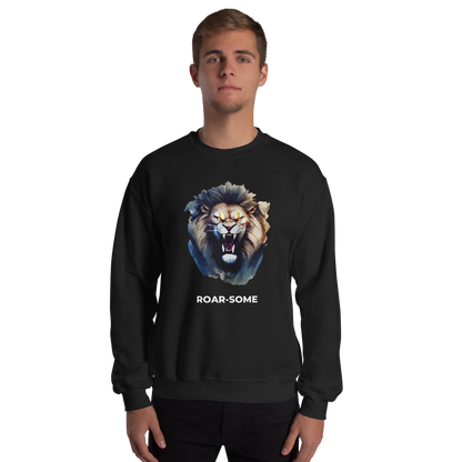 Man wearing a Black Lion Sweatshirt featuring a Roar-Some graphic on the chest - Cool Graphic Lion Sweatshirts - Boozy Fox