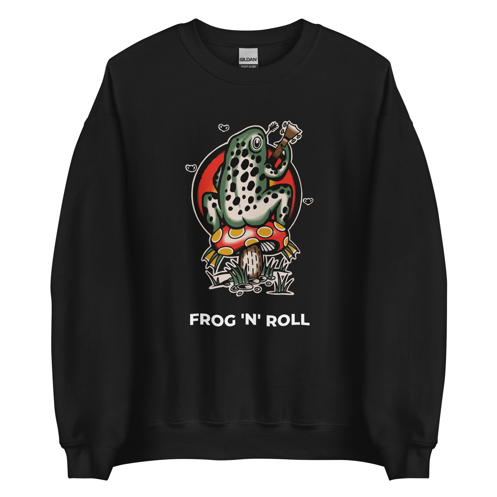 Black Frog Sweatshirt featuring the hilarious Frog 'n' Roll graphic on the chest - Funny Graphic Frog Sweatshirts - Boozy Fox