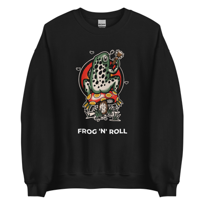 Black Frog Sweatshirt featuring the hilarious Frog 'n' Roll graphic on the chest - Funny Graphic Frog Sweatshirts - Boozy Fox