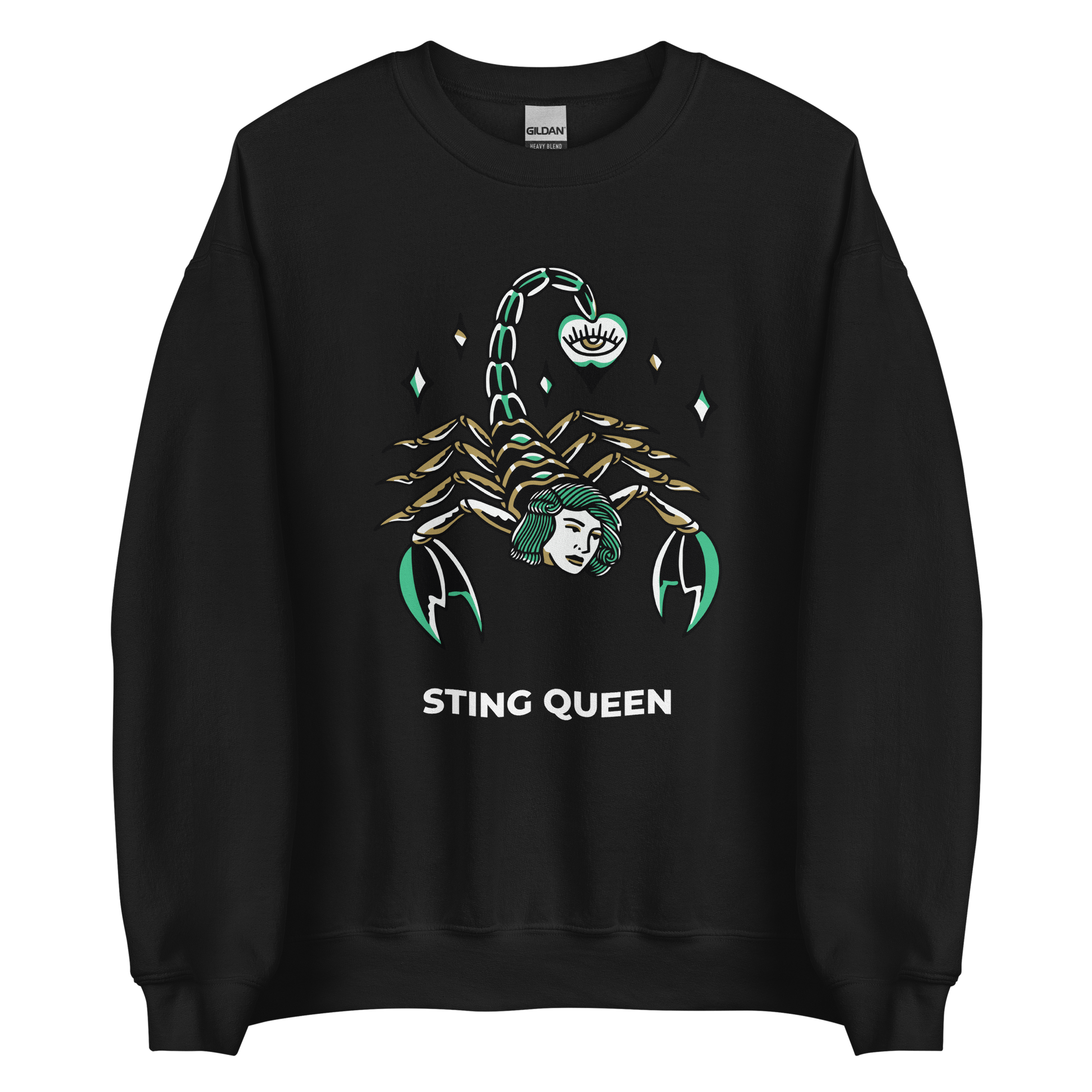 Black Scorpion Sweatshirt featuring the Sting Queen graphic on the chest - Cool Graphic Scorpion Sweatshirts - Boozy Fox