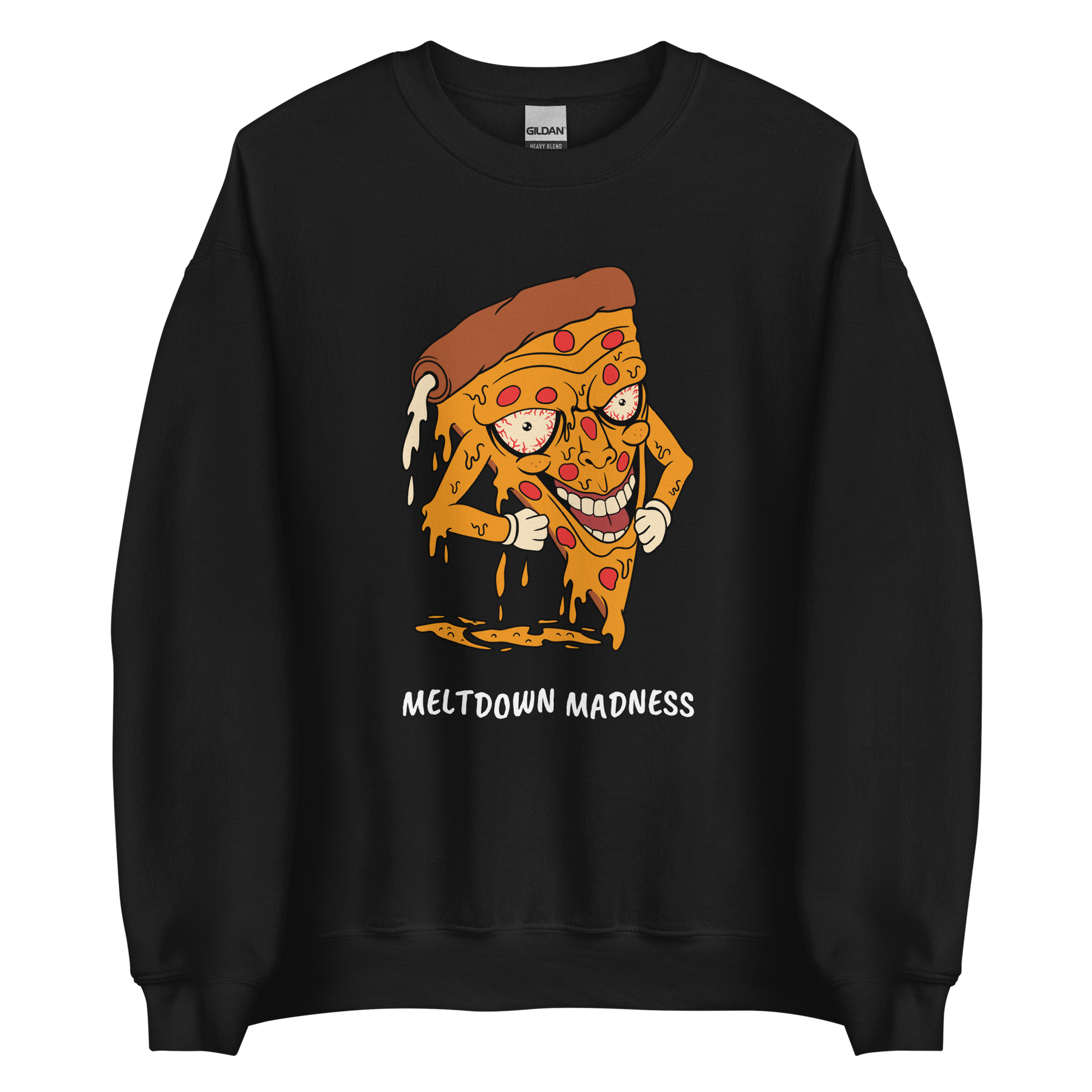 Black Melting Pizza Sweatshirt featuring a Meltdown Madness graphic on the chest - Funny Graphic Pizza Sweatshirts - Boozy Fox