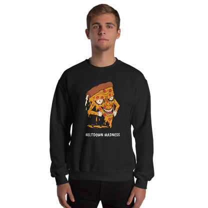 Man wearing a Black Melting Pizza Sweatshirt featuring a Meltdown Madness graphic on the chest - Funny Graphic Pizza Sweatshirts - Boozy Fox