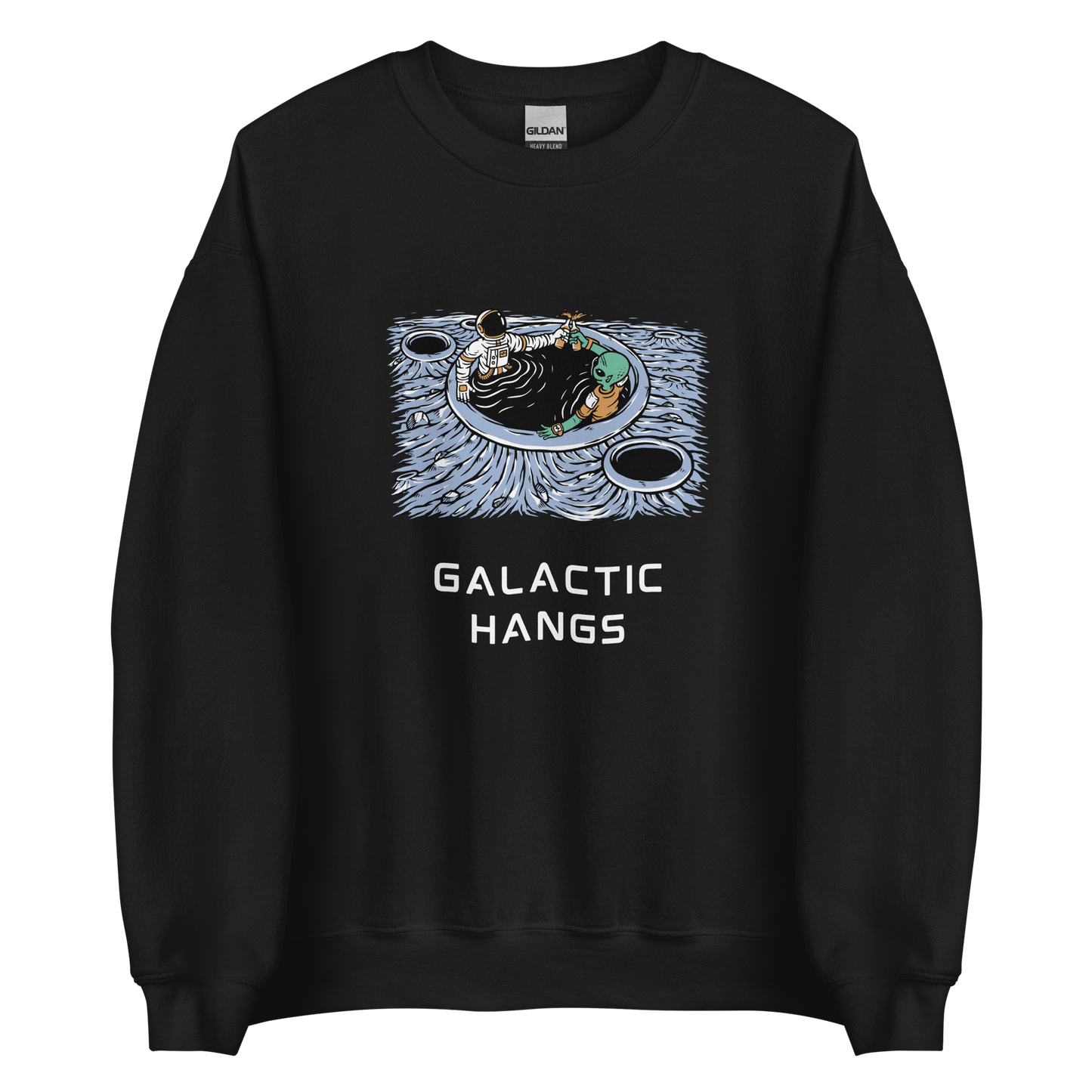 Black Galactic Hangs Sweatshirt featuring an out-of-this-world graphic of an Astronaut and Alien Chilling Together - Funny Graphic Space Sweatshirts - Boozy Fox