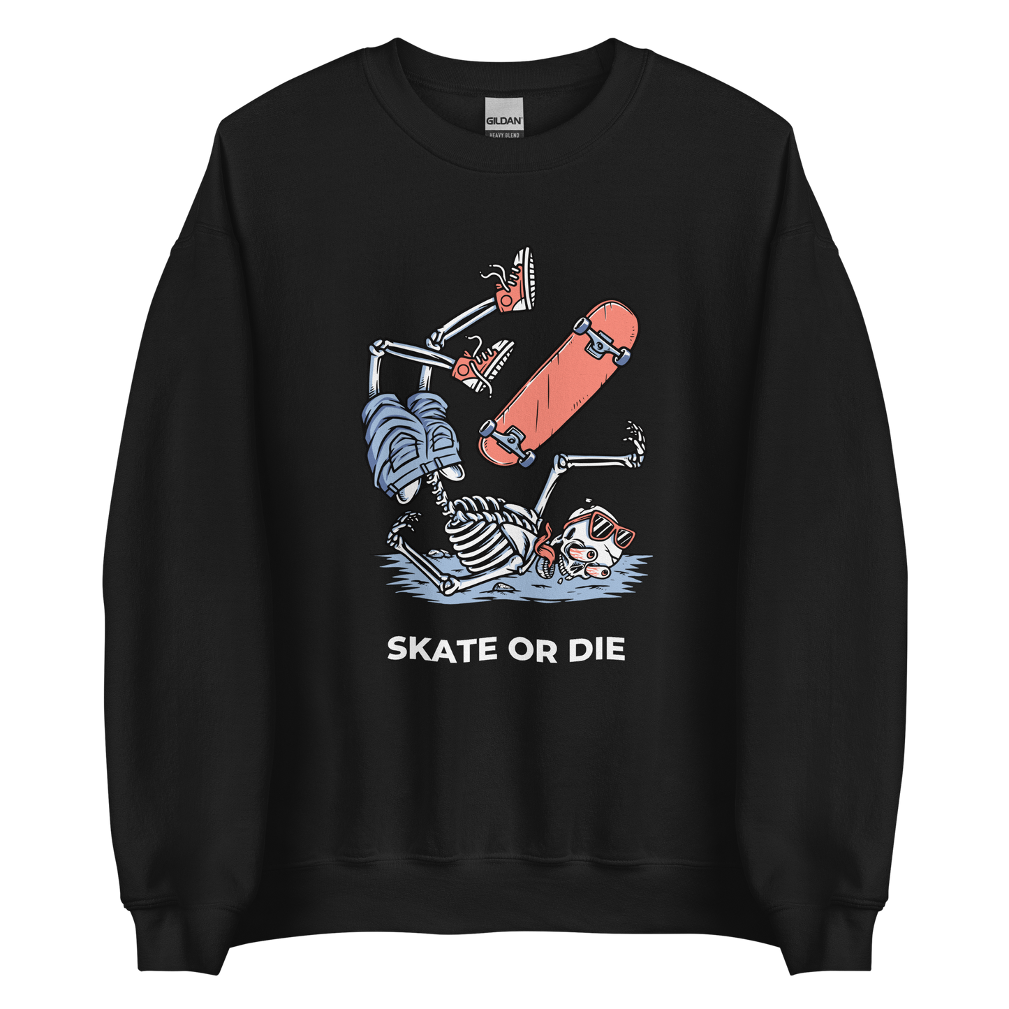 Black Skate or Die Sweatshirt featuring a daring Skeleton Falling While Skateboarding graphic on the chest - Cool Graphic Skeleton Sweatshirts - Boozy Fox