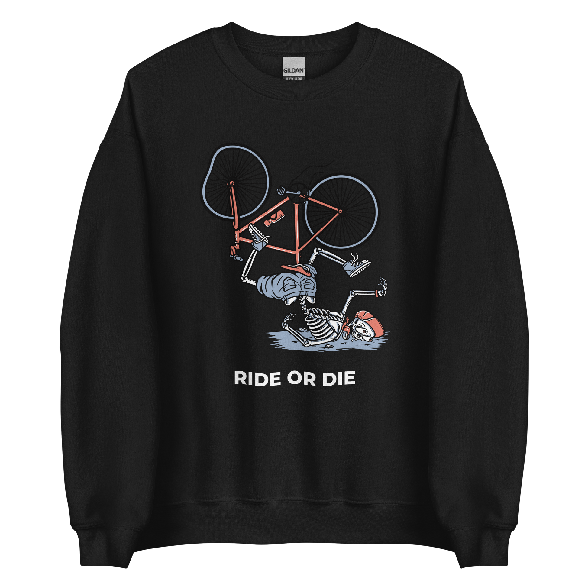 Black Ride or Die Sweatshirt featuring a bold Skeleton Falling While Riding a Bicycle graphic on the chest - Funny Graphic Skeleton Sweatshirts - Boozy Fox