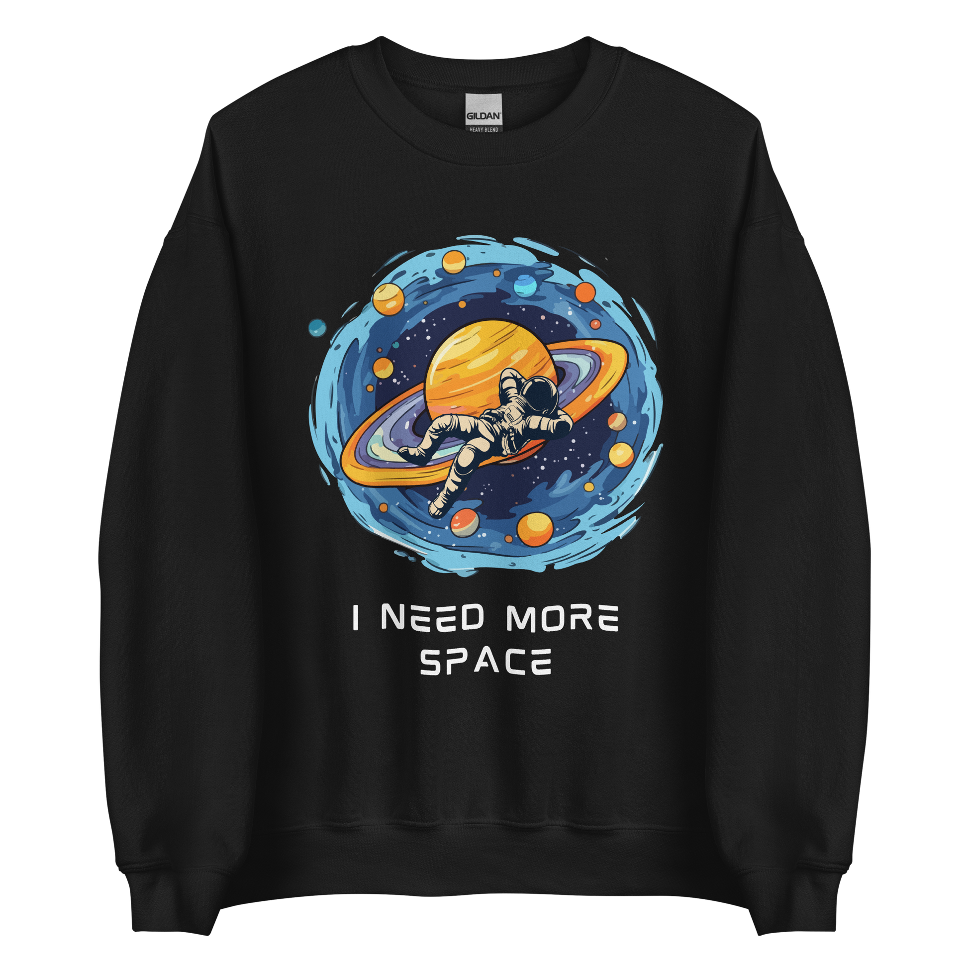 Black Astronaut Sweatshirt featuring a captivating I Need More Space graphic on the chest - Funny Graphic Space Sweatshirts - Boozy Fox